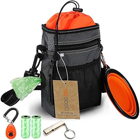 OCSOSO® Dog Treat Pouch Bag with Poop Bag Holder, Reflective & Waterproof Shoulder Waist Strap - FREE Doggie Clicker, Training Whistle, Collapsible Feeder Bowl,Poop Bag - Easily Carry Dog Food, Toys Cover