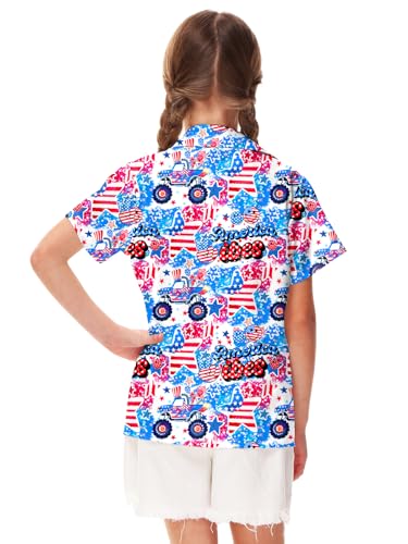 Image of Remimi Unisex Kids 4th of July Button Up Shirt Boys American Flag Print Hawaiian Beach Short Sleeve Tops 5-14 Years