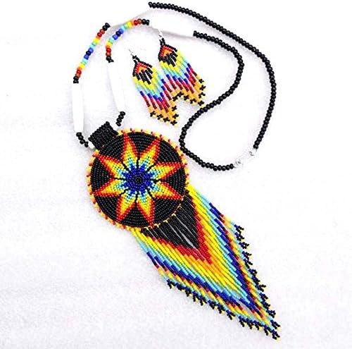 Handmade Beaded Indian Necklace| Seed Beads Native American Style Medallion Necklace Earrings Set| One of a Kind Fashion Jewelry For Women