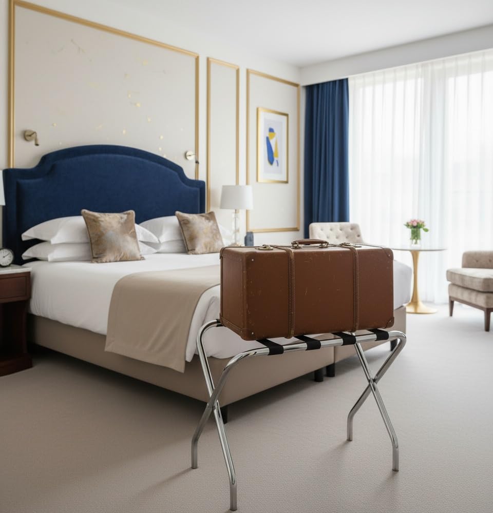 Coppia di Reggivaligia da Hotel in Acciaio Cromato Pieghevole con Cinghie in PVC h3101