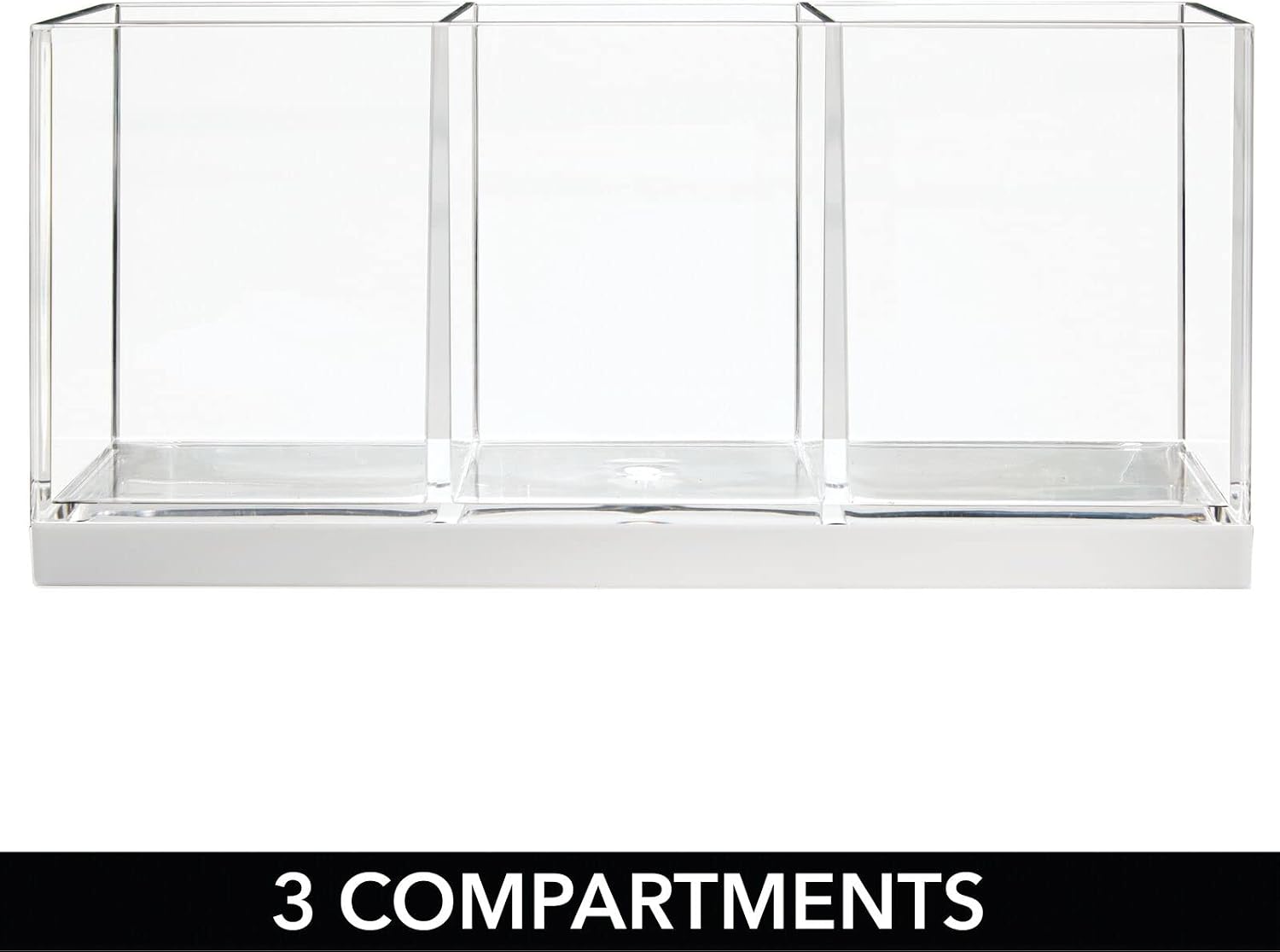 mDesign Plastic Makeup Organizer Caddy Bin with 3 Sections for Bathroom Vanity Countertops or Cabinet: Stores Makeup Brushes, Eye and Lip Pencils, Lipstick, Lip Gloss, Concealers - Clear/White