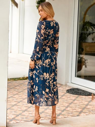 Simplee Women\'s Floral Boho Long Sleeve Maxi Dress V Neck Empire Waist Swing Flowy Wedding Guest Dress Navy Floral L - Thumbnail 3