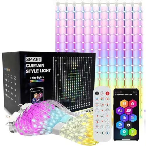 Luces de cortina inteligentes, pantalla de patrón AI de 400 LED, aplicación y luces que cambian de color con control remoto, cadena de hadas para decoración interior y exterior de fondo de ventana