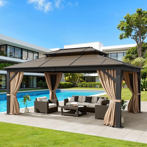 DWVO 12x16ft Gazebo Hardtop Double Roof Polycarbonate Canopy Outdoor with Netting and Shaded Curtains Metal Frame Garden Tent for Patio Backyard Deck and Lawns Brown