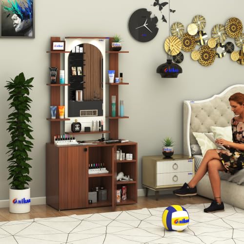 Image of Anikaa Venza Engineered Wood Dressing Table with Wall Mounted Mirror & LED Lights Open Shelf | Makeup Vanity Storage Cabinet with Soft Closed Hinge Door for Bedroom -(Walnut /White) DIY Installation