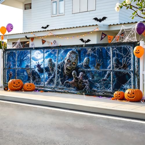 Image of Halloween Banner 118x35.4 Inch Scary Zombie Window Decoration Backdrop, Creepy Haunted House Party Decoration Outdoor Yard Sign for Festival Celebration, Fence Wall Porch Indoor Outdoor