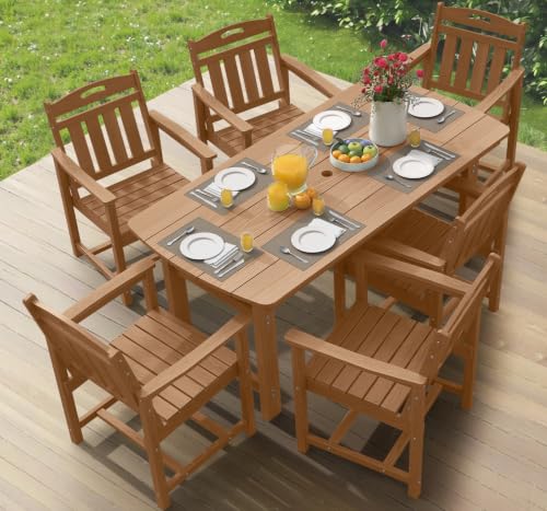 Image of Ciokea HDPE Outdoor Dining Set of 6, Patio Table and Chairs Sets, Teak