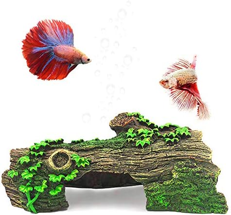 Anxyuan Hide Hollow Tree Log Decaying Trunk, Resin Wood Decoration Fish Tank Aquarium Ornament with Green Grass Hide-Away Holes for Fish and Shrimp to Swim