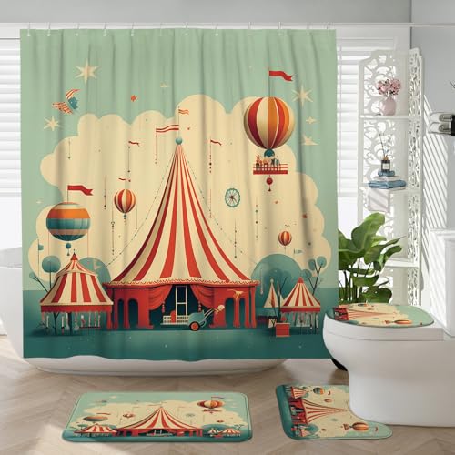 TPHIHPT 4PCS Funny Vintage Circus Shower Curtain Sets with Non-Slip