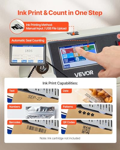 Image of VEVOR Continuous Bag Band Sealing Machine, 0.24-0.47 in Seal Width, Horizontal Band Sealer Machine with Ink Printing, Temp & Speed Adjustable, Heat Sealing Machine for 0.001-0.03 in Plastic Bags