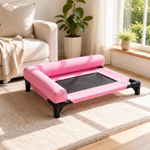 Cama elevada para perros que alivia el calor con malla transpirable rosa 6