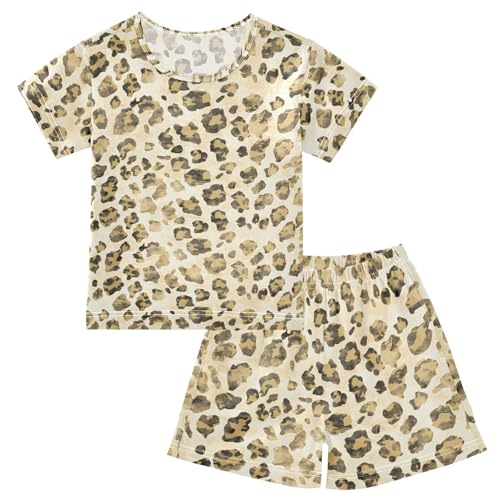 ALAZA Retro Leopard Print Animal Pajamas Short Sleeve 2 Piece Sleepwear Top and Bottom Pajama Set Unisex