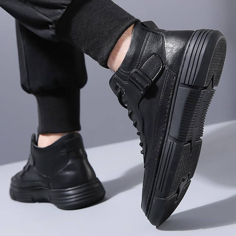 Mens Casual Driving Lace Up Black Leather Chukka Hiking Boots Hand Stitching Platform Non-Slip Shock Absorption Autumn&Winter Warm Ankle Work Shoe3