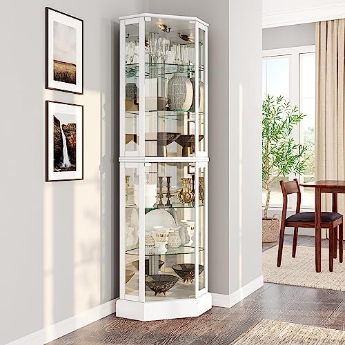BELLEZE Lighted 3-Side Glass Display Curio Cabinet with Tempered Glass Doors and Shelves, Curved Wood Corner Cabinet with Bulb, Corner Curio Storage R