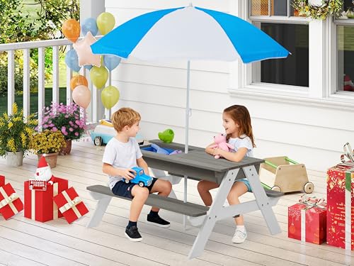 Mederra 3-in-1 Wooden Kids Picnic Table with Adjustable Umbrella, Sand and Water Activity Table with Removable Boxes for Outdoor Backyard Patio Play
