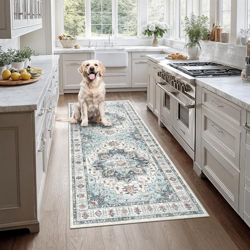 Madane Hallway Runner Rug 3x6 - Washable Kitchen Rugs Entryway Rug Runner Vintage Soft Floor Mat Non Slip Indoor Farmhouse Carpet for Bathroom Living Room Bedroom (3 X 6, Blue)