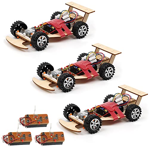 Pica Toys Wooden Wireless Remote Control Racing Car Kit F1 - Science Project for for Kids/Students/Education, STEM Project Model Car Kit to Build, School Experiment of DIY R/C Car Kit (3 Pack of Red)