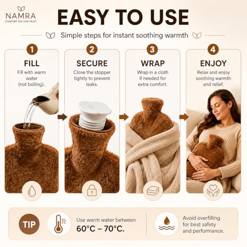 Image of Hot Water Bag Brown 1000ml - Leakproof Heating Water Bottle for Warm Compress & Everyday Comfort | Long Heat Retention Hot & Cold Therapy Bag for Back, Neck & Relaxation
