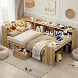 RIAZOS Kinderbett 90x200 cm, Einzelbett mit Regalen und Staufach, Holz-Plattformbett mit Schreibtisch, Jugendbett mit Schublade, Stauraumbett mit LED USB, Natur, ohne Matratze
