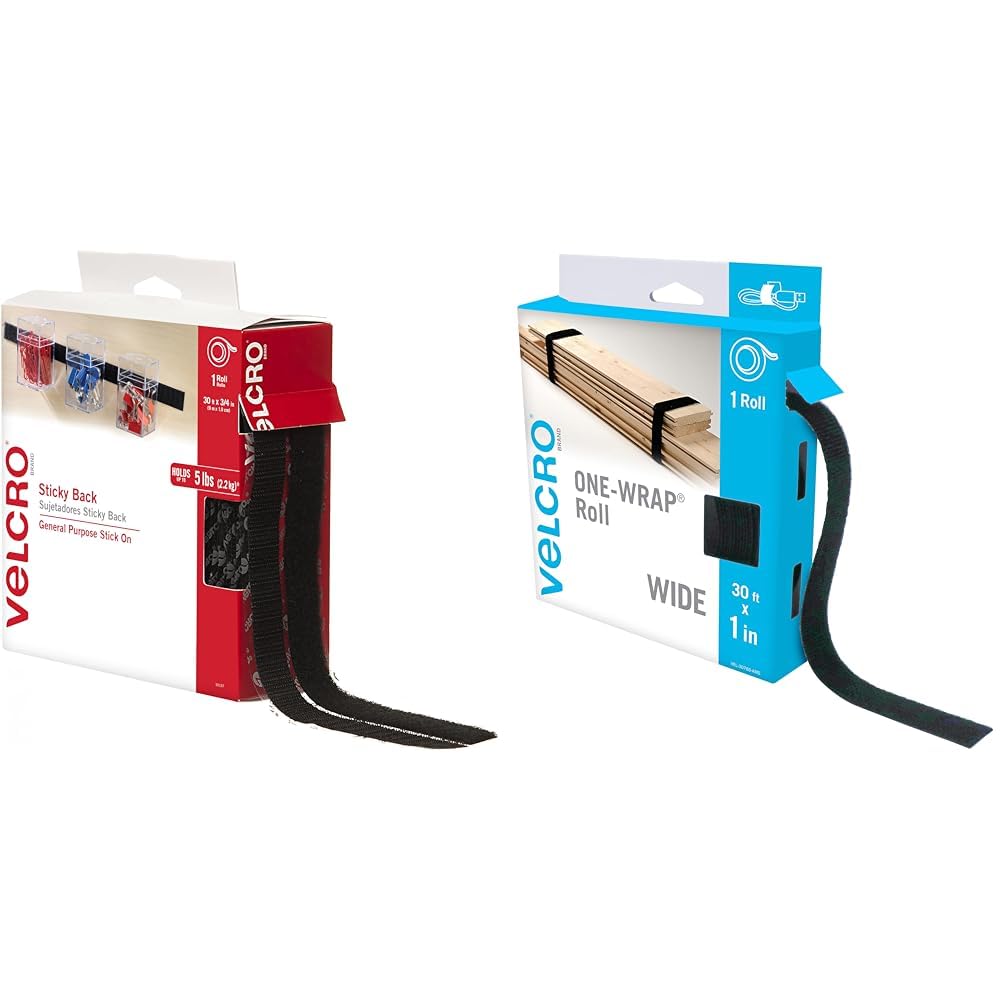 VELCRO Brand30 ft Sticky Back Hook and Loop Fasteners & VEL-30768-AMS Wide Straps 1 in x 30 ft Roll | Cut to Length