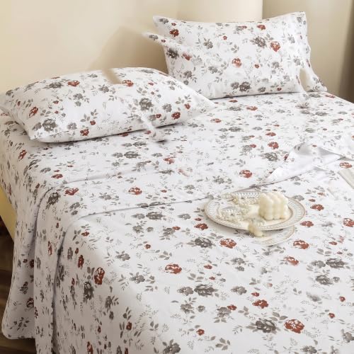 Image of IVAZA 240 TC Soft Ezyption Cotton Floral Print King Size Bedsheet - with 2 Pillow Covers, Hypoallergenic, Brethable, (Size- 90 x 90 Inch) Grey Flower