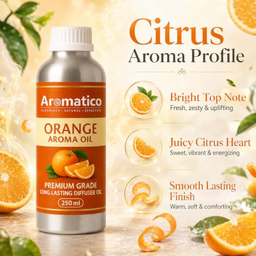 Image of AROMATICO Orange Diffuser Oil with Natural Aroma for Humidifiers, Homes, Offices & Showrooms, Candle and Soap Making | Fragrance for Aromatherapy | Essential Oil for Diffuser and Aromatherapy - 250 ml