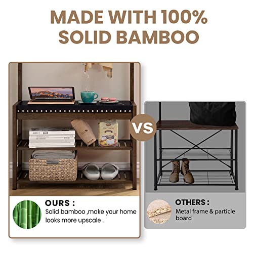 Seirione Coat Rack With Shoe Bench Furniture, Bamboo Hall Tree Storage Organizer For Entryway With Faux Leather Cushion, 4 In 1 Design, 10 Double Hanging Hooks, 31.5 Inch Wide #TOP2