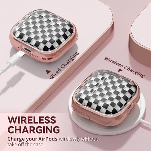 Image of Inesore for AirPods 4 Case Cover 2024 with Lock-Black Checkerboard | Two-Piece Design,with Gold Keychain & Cleaning Pen,Support Wireless Charging,Cute Luxury Case for Women Girly