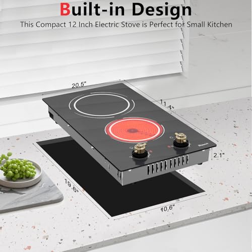 Image of 2 Burner Electric Cooktop - 12 Inch Electric Stove Top 3000W, 220V Built-in Ceramic Cook Top with Retro Knob, 9 Power Heating Level, 220-240V Hard Wired