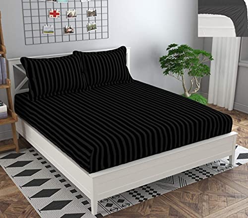 Image of KAWI Satin Cotton 210 TC Striped Elastic Fitted Bedsheet Queen Size (78X72XUp To 6 Inches Mattress)-Black Color