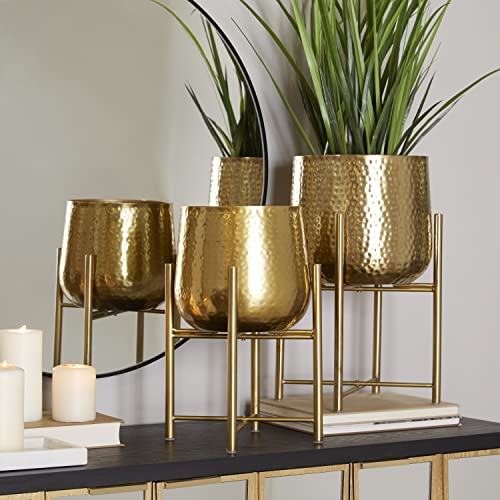 CosmoLiving by Cosmopolitan Metal Indoor Outdoor Planter Deep Recessed Hammered Dome Large Planter Pot with Removable Stand, Set of 2 Planters 17\", 19\"H, Gold - Thumbnail 3