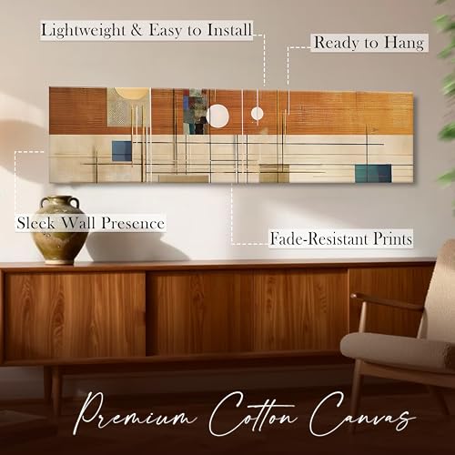 Image of Abstract Geometric Stretched Canvas Wall Art Painting for Living Room, Mid-Century Modern Linear Grid Canvas Wall Decor For Livingroom, Bedroom, Office, Hallway's, Hotel 12x46 Inch