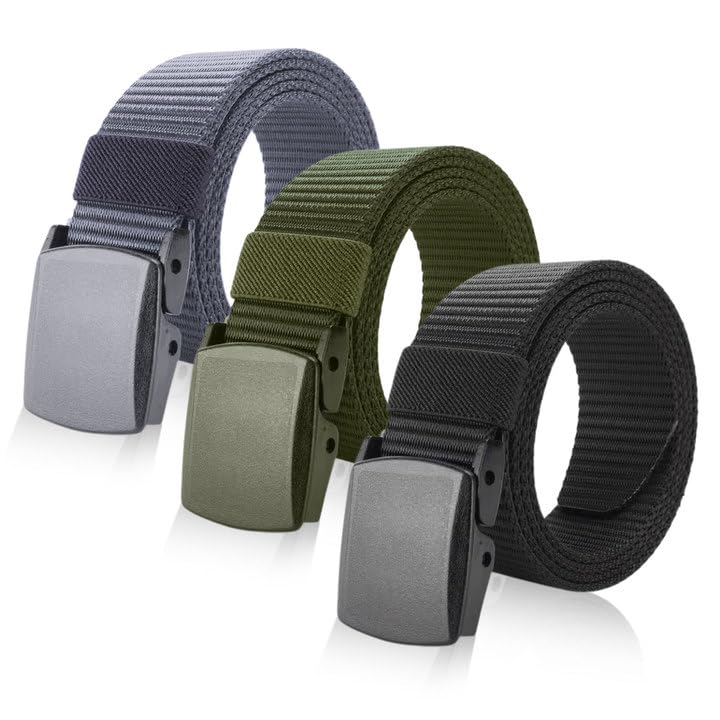 SKHAOVS3 Pack Tactical Belts with Plastic Buckle, Black/Grey/Green Nylon Canvas, Adjustable Fabric, Military Work, Length 130 cm, Width 3.8 cm