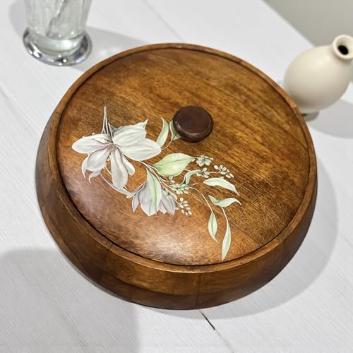 Image of Seasoned and Treated Mango Wood Wooden Chapati Box, Wooden roti box with lid, Melamine Coated, Printed lid- 10inch round with 1kg approx weight, Brown
