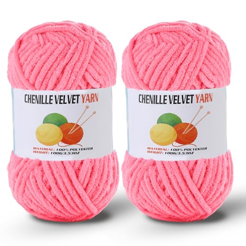 Image of 2 * 100g /3.5oz Fluffy Chenille Yarn for Crocheting, Chunky Velvet Yarn for Crochet Amigurumi, Used for Making Baby Yarns Blanket, Clothes, Pattern Knitting Creations (Dark Pink)