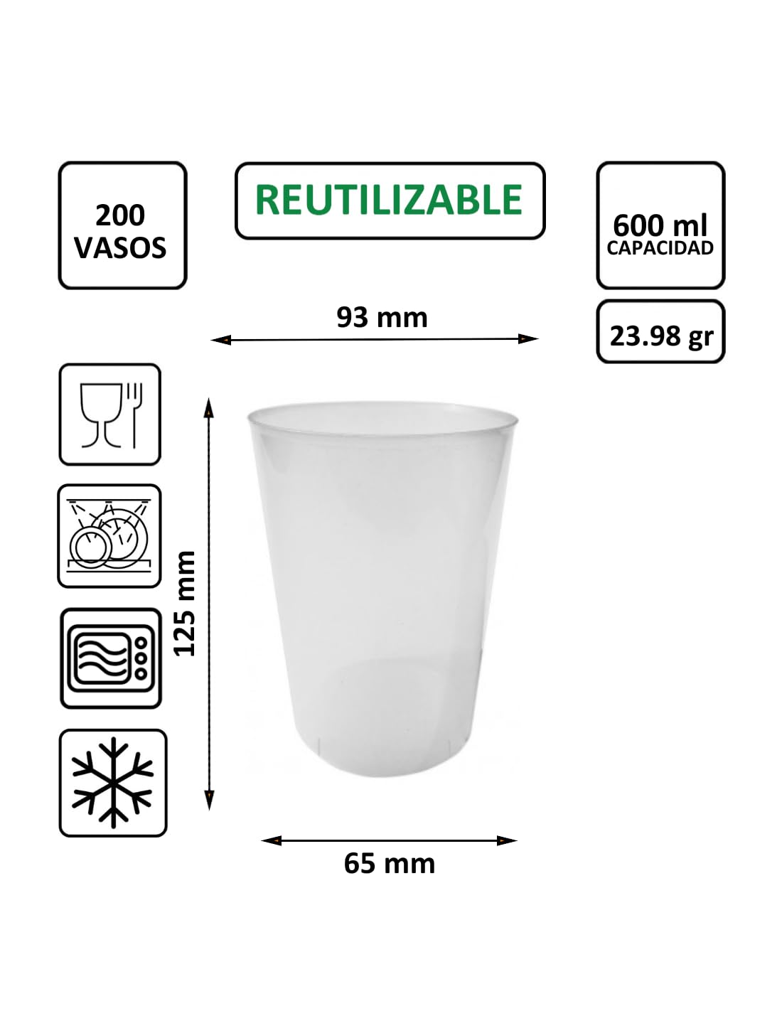 200 uds. - Vaso Sidra 600 ml Reutilizable - Polipropileno (PP) - Color traslúcido - Vaso ecológico libre de BPA