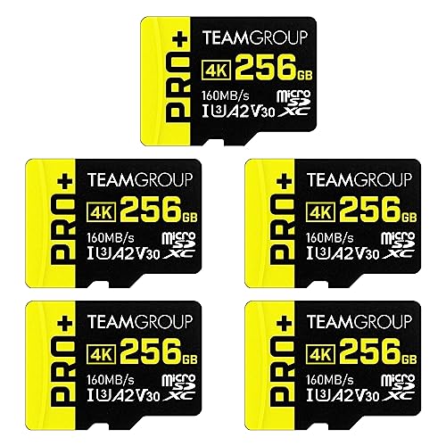 TEAMGROUP A2 Pro Plus Card 256GB x 5 Pack Micro SDXC UHS-I U3 A2 V30, R/W up to 160/110 MB/s for Nintendo-Switch, Gaming Devices, Tablets, Smartphones, 4K Shooting, with Adapter TPPMSDX256GIA2V3063