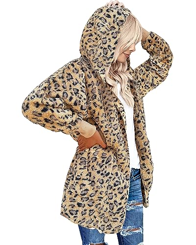 LookbookStore Faux Fur Leopard Coat Cardigan for Women Long Cheetah Jacket Cheetah Coat with Hood Womens Faux Fur Woman Cardigan with Hoodie Sherpa Hoodie Jacket Apricot Leopard Large