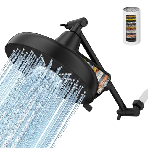 Filtered Shower Head with Extension Arm - EMBATHER 8 Inch High Output Showrhead with 3 Spray Settings, 18 Stage Filter for Hard Water, 11" Adjustable Arm, Brass Swivel Ball Jiont, Matt Black by EMBATHER - Used condition - US$18.93
