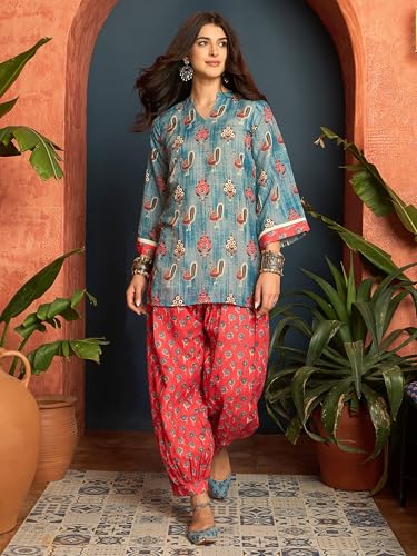 Image of EthnicJunction Women's Linen Floral Print Summer Wear Straight Short Kurti with Afghani Pant Set | Co Ord Set for Women Stylish | Fusion wear Women