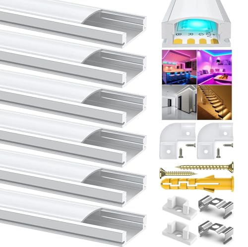 Chesbung LED Aluminium Kanal für 12mm Led Streifen, 6X1m Stripes Schiene Strip Aluprofil U Form Alu Profil Leiste Profil with Milchig Weißer Abdeckung, Stripe Diffusor mit 90 Grad Eckverbindern