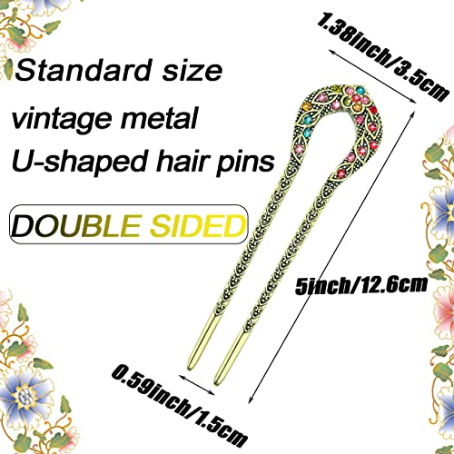 4 Pieces French Hair Pins, Metal U Shaped Hairpins, Vintage Double Prong Hair Forks Stick With Rhinestone Crystal, French Long Hair Hairstyle Accessories For Women #TOP2