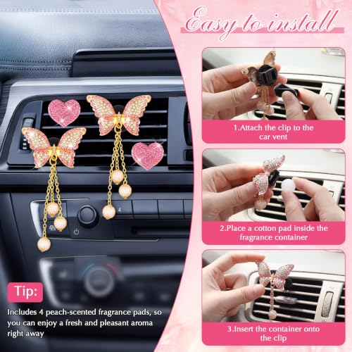 Image of Frienda 4 Pcs Butterfly Car Air Vent Clips, Bling Heart Air Freshener Pads, Pink Rhinestone Crystal Car Vent Clips, Cute Hanging Butterfly Cars Interior Decor Accessories for Women Girls