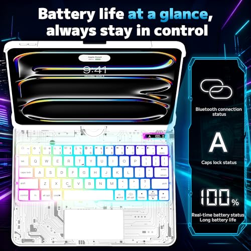 Image of Clear Keyboard Case for iPad Pro 11 Inch (M4 /M5 2024 /2025) 360 Swivel Multi-Touch Trackpad,with Wireless Bluetooth 3-Brightness & 7-Color Backlit, Pencil Holder tecla de acceso directo White