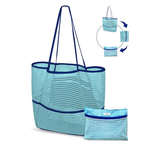 Image of Mesh Beach Tote Bag Packable,2026 New 2-in-1 Large Lightweight Foldable Beach Bags with Multiple Pockets for Women