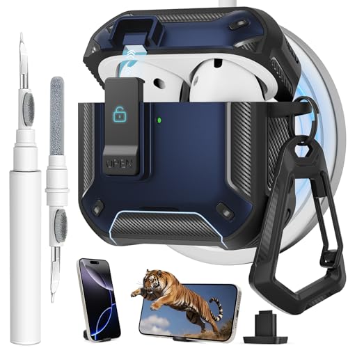 Image of for AirPods 4 Case with Magnetic Secure Lock Clip and Phone Stand, Compatible with Magsafe Charging, with Carabiner&Cleaner kit for Apple iPod 4th Generation Cover(2024) Men Women (Deep Blue)