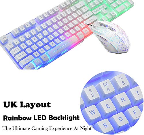 kabelgebundene Gaming-Tastatur mit Regenbogen-Hintergrundbeleuchtung, USB-Tastatur+2400 DPI 6 Tasten optische Regenbogen-LED-Gaming-Maus+Gaming-Headset+RGB-Lautsprecher+Mauspads für Computer/PC (weiß) - Image 3