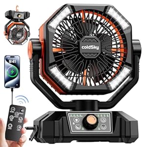 coldSky 20000mAh Camping Fan with Dual Motor, Battery Operated with 4 LED Lantern, 8 Speeds, Remoter, Portable Outdoor Fan with Hook for Tent, Power Outages, Jobsite