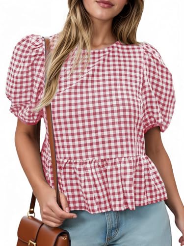 Cicy Bell Womens Puff Sleeve Gingham Blouse Summer Ruffle Peplum Babydoll Tops Cute Plaid Cotton Shirts