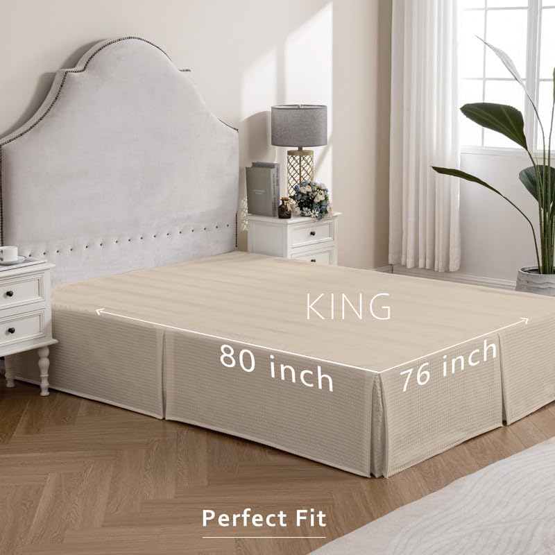 Image of MIYE Pleated Waffle Weave Bed Skirt, Tailored Dust Ruffle 16 Inch Drop Easy Fit, Machine Washable (Cream, King - 16 inch Drop)